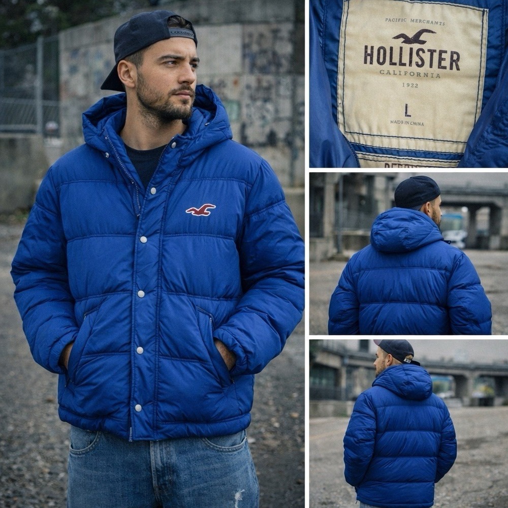 Y2K Hollister Jacket Mens Large Blue Redondo Full‎ Zip Hooded Puffer Down Jacket